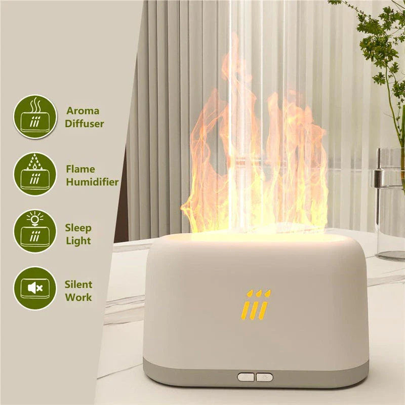 Ultrasonic aroma diffuser with flame-like LED lights, creating a soothing and captivating home ambiance