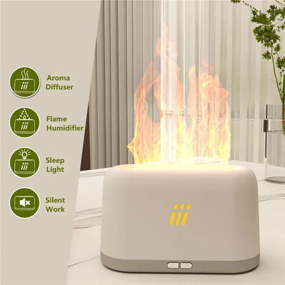 Ultrasonic aroma diffuser with flame-like LED lights, creating a soothing and captivating home ambiance