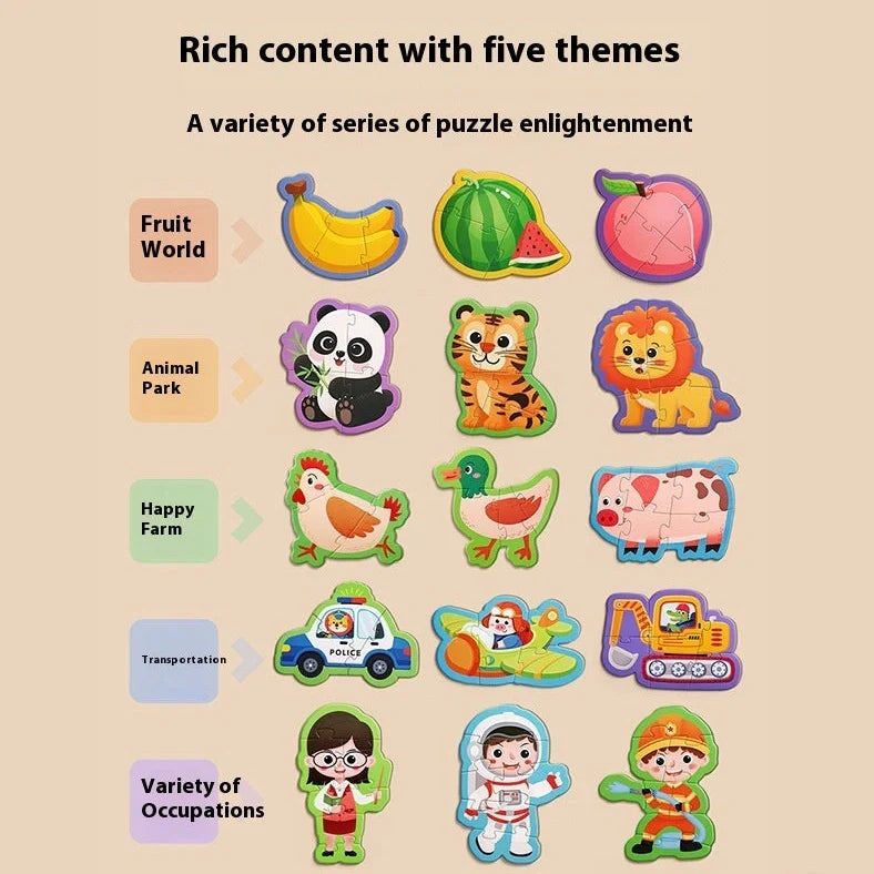 Five educational puzzle boxes for infants with animal, fruit, farm, transportation, and profession themes
