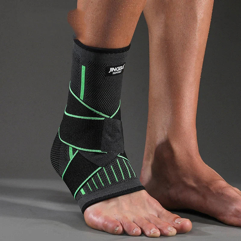 Nylon sports compression ankle protector in black, green, and orange for enhanced mobility and support