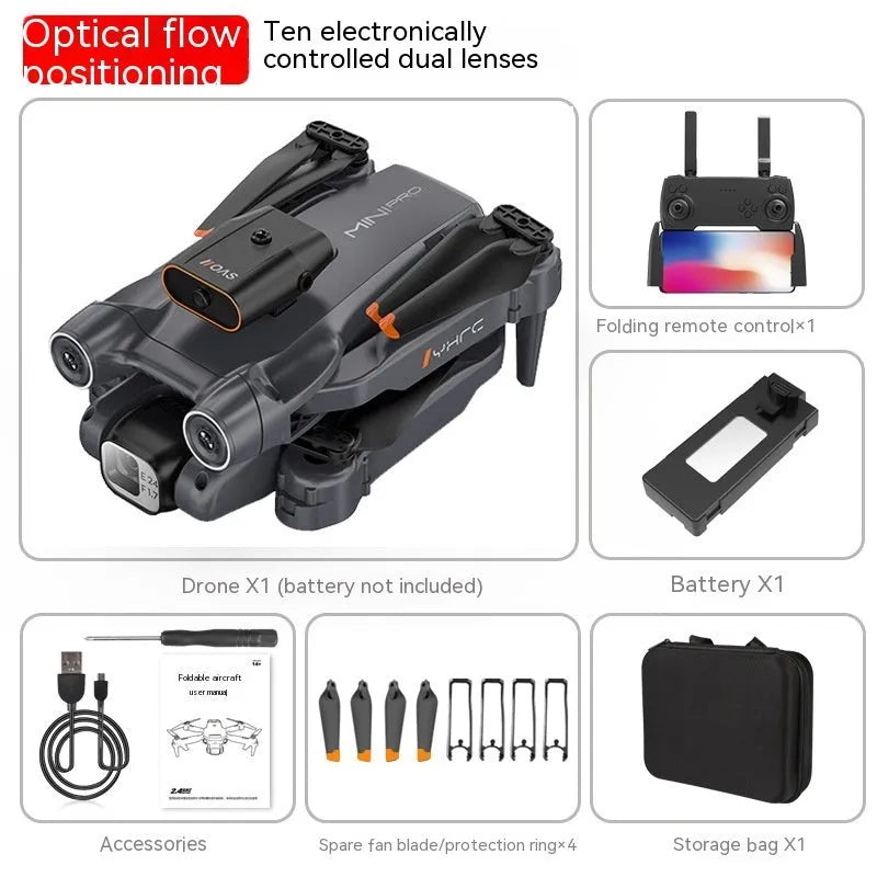 Black P12 foldable quadcopter drone with four propeller blades and a front-mounted HD camera on a white background.