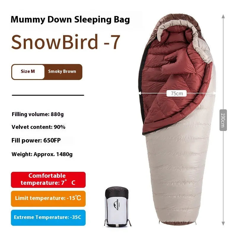 Mummy-style goose down sleeping bag with storage bag, available in 12 specifications from 350g to 1090g fill weight