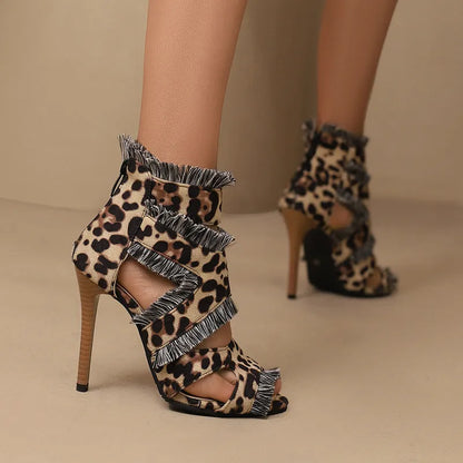 Women's plus size denim high heel sandals in leopard print and plaid patterns available sizes 32-50 EU