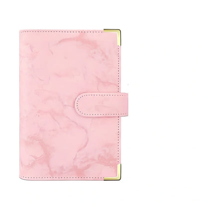 A6 leather PU binder journal open showing colour budget sheets and zip pockets with spiral binding