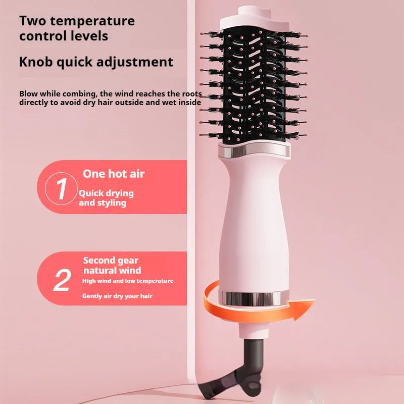 Pink multifunctional hair dryer with integrated comb and curling attachments