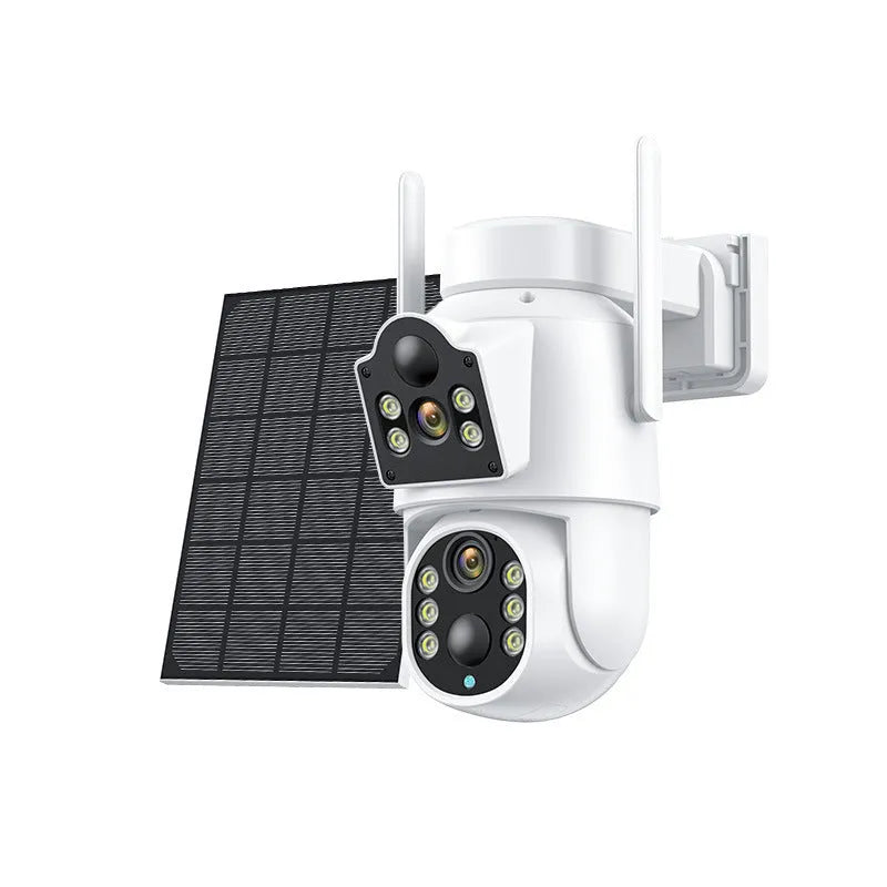 Outdoor solar WiFi security camera with solar panel, showing 4MP HD resolution and 20m monitoring range