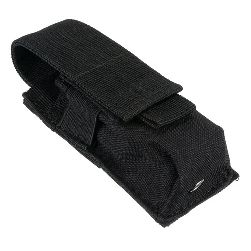 Black tactical MOLLE waist pouch with elastic cord closure, shown attached to a belt.