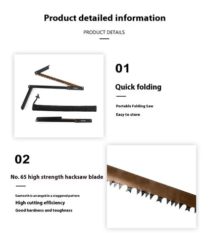Black outdoor foldable saw with aluminium handle shown in open and closed positions.