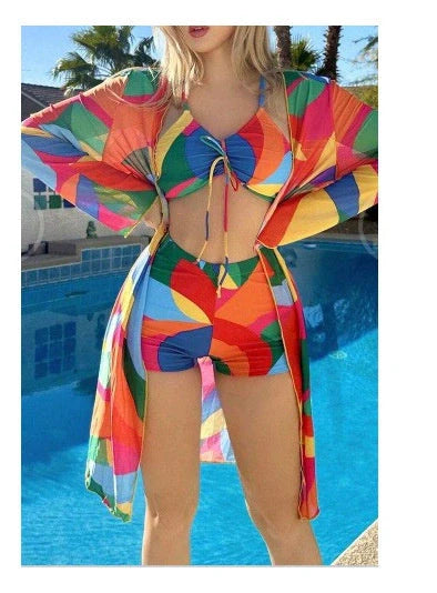 Women's floral print bikini set with long sleeve cardigan for summer beach outings