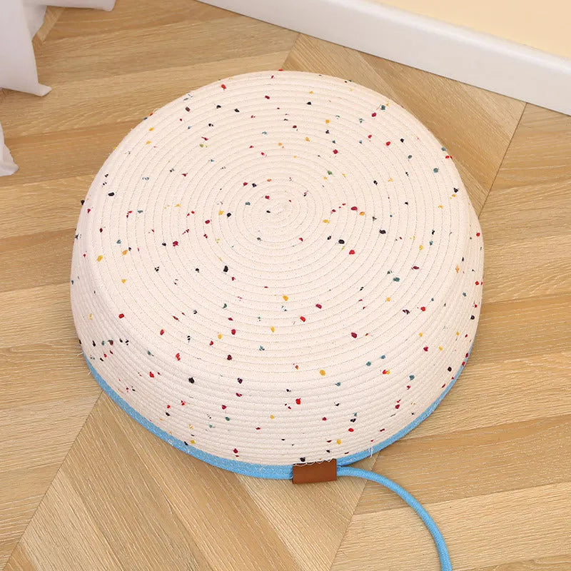 Cotton and hemp rope cat nest mat pet bed shown in small, medium, and large sizes.