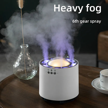 White ultrasonic humidifier with 7-colour LED lights showing dimensions 124x124x135mm