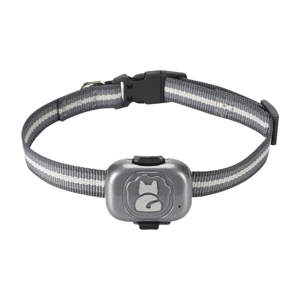 Black GF-07 pet GPS locator device with hanging rope on a collar.