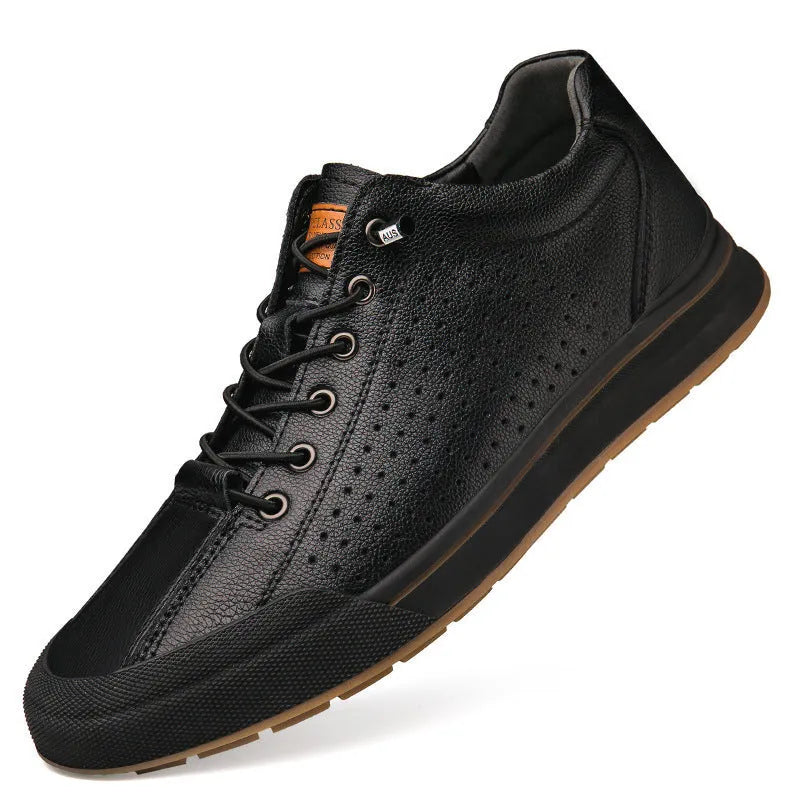 Men's white matte leather casual shoes with a round toe and 6cm flat heel, showing hollow-out detail on the upper.