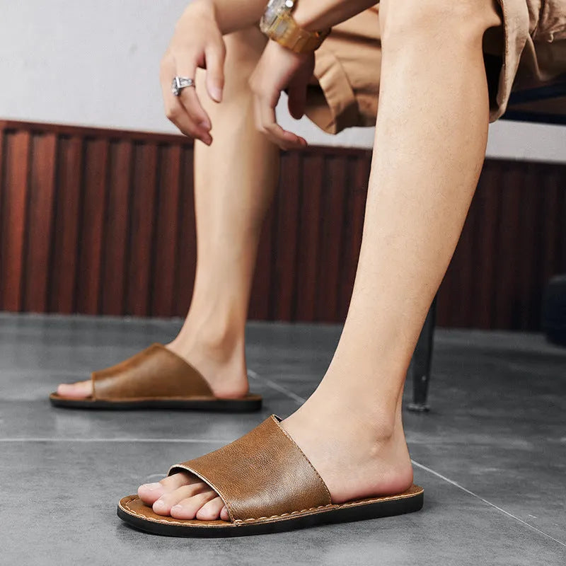 Men's brown leather casual sandals with a rubber sole, shown from the side.