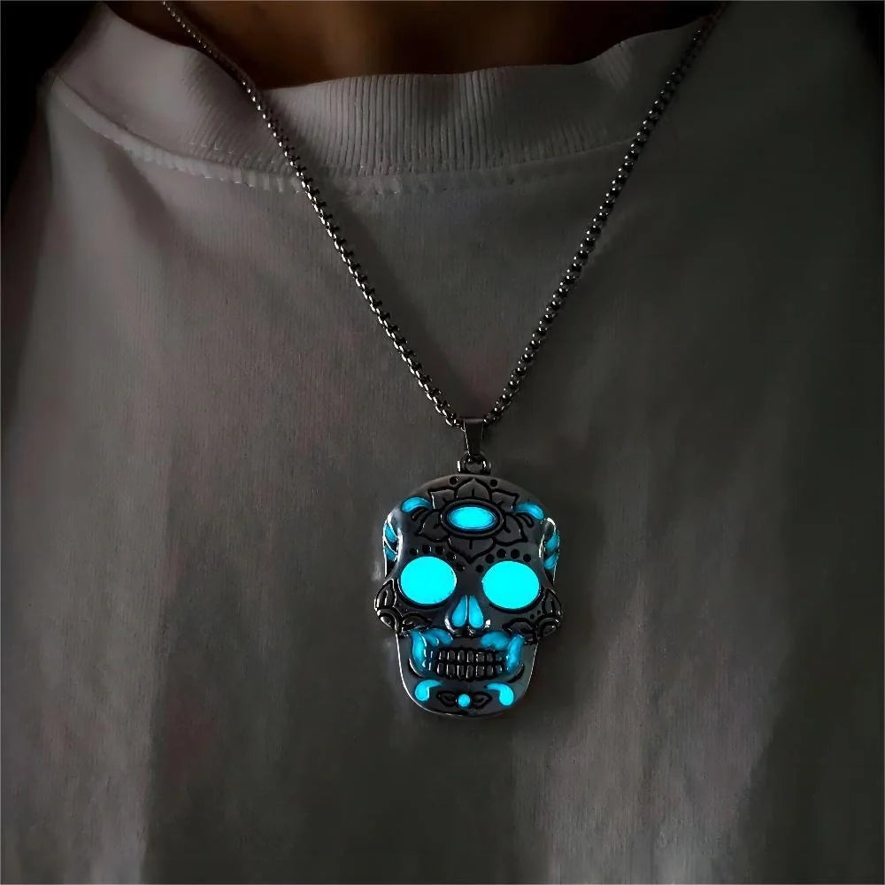 Glowing Halloween skull necklace with intricate Day of the Dead lotus pattern and vibrant color options