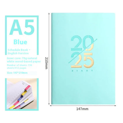 A5 daily planner with faux leather cover in blue, showing open pages and bound spine.