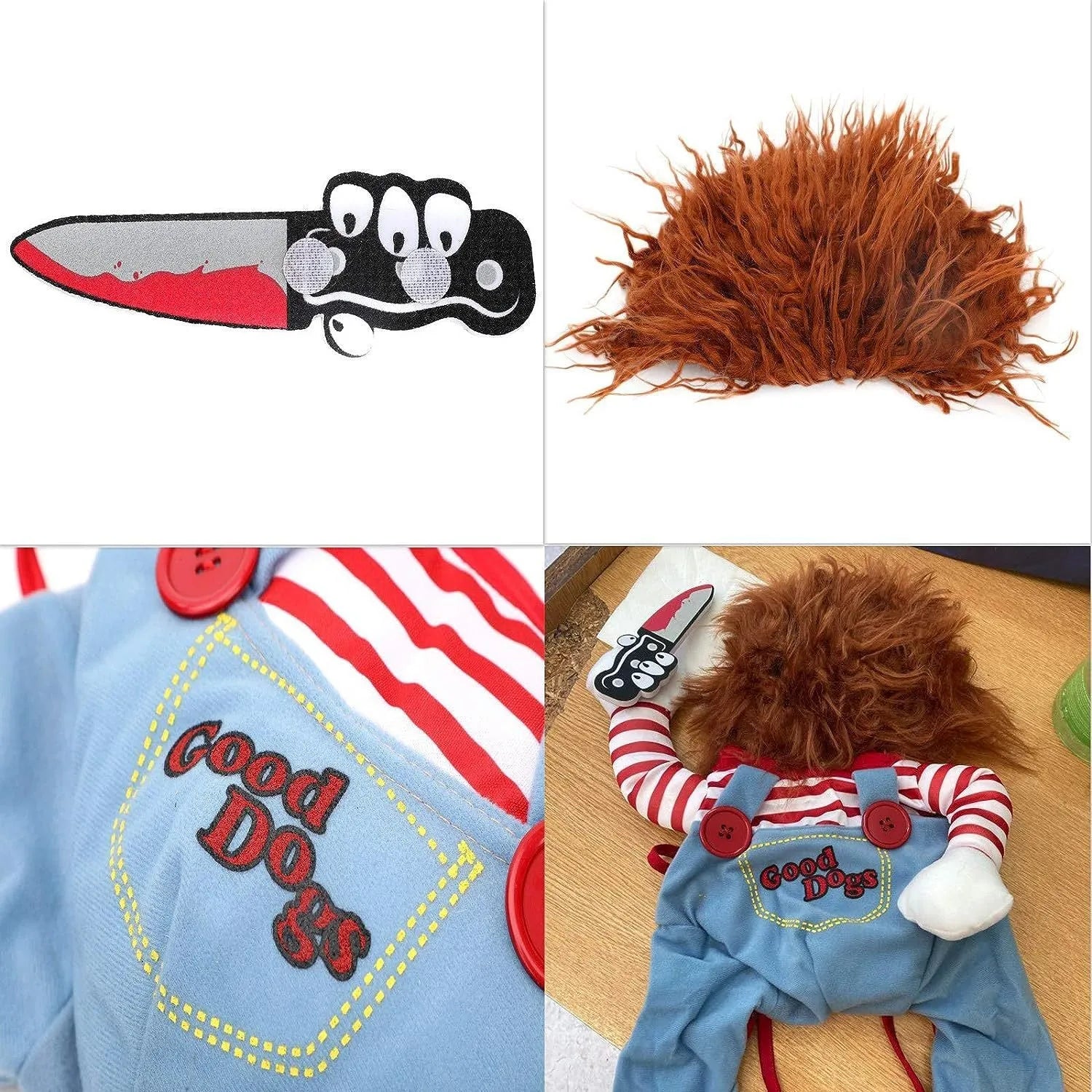 Striped Halloween costume set for pet dog or cat showing jacket, trousers, and prop knife accessory