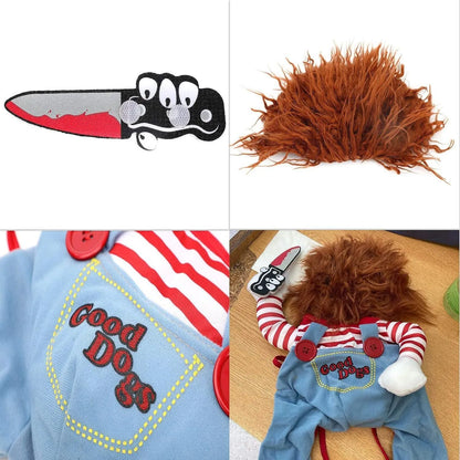 Striped Halloween costume set for pet dog or cat showing jacket, trousers, and prop knife accessory
