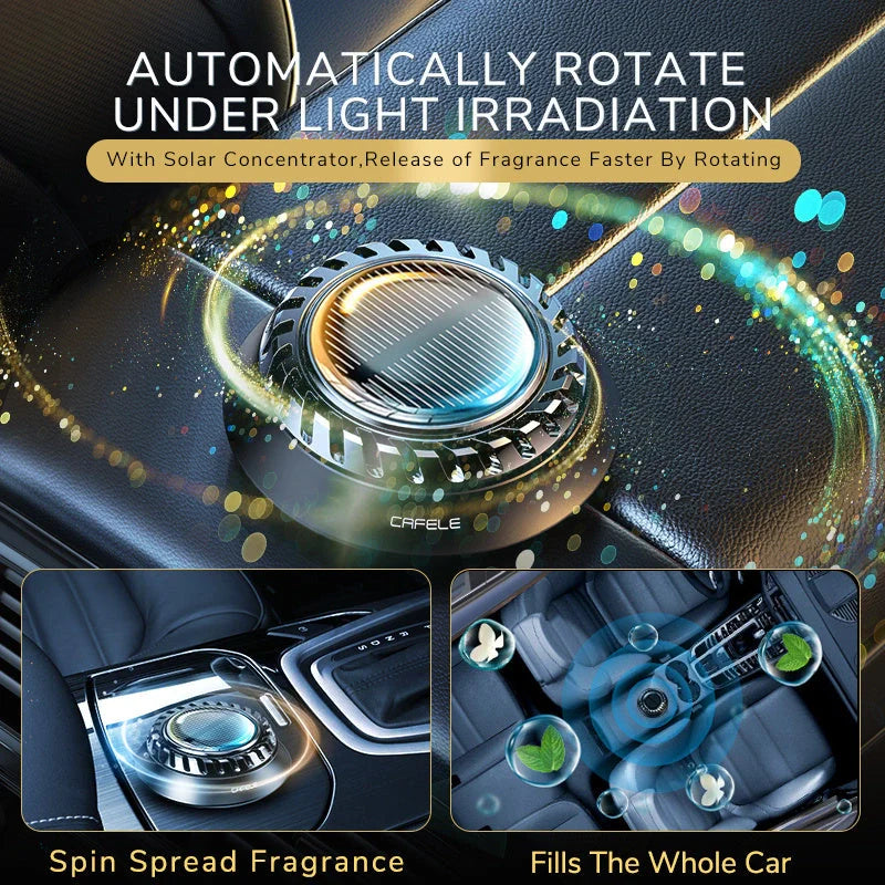 Solar-powered car aromatherapy diffuser with ceramic incense chip on dashboard