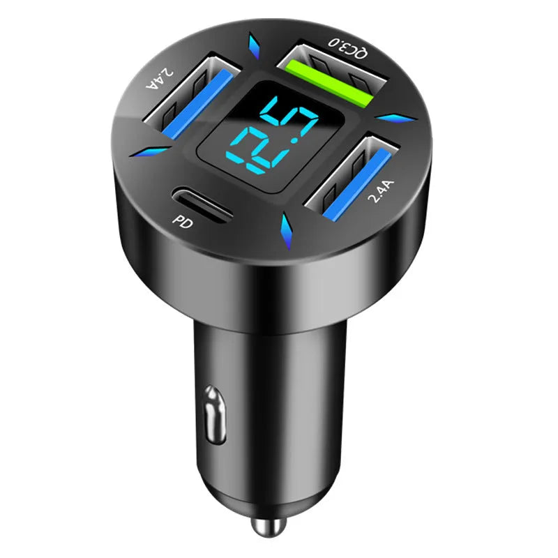 Four-port USB car charger with LED digital display showing voltage, compact black design for vehicle power socket