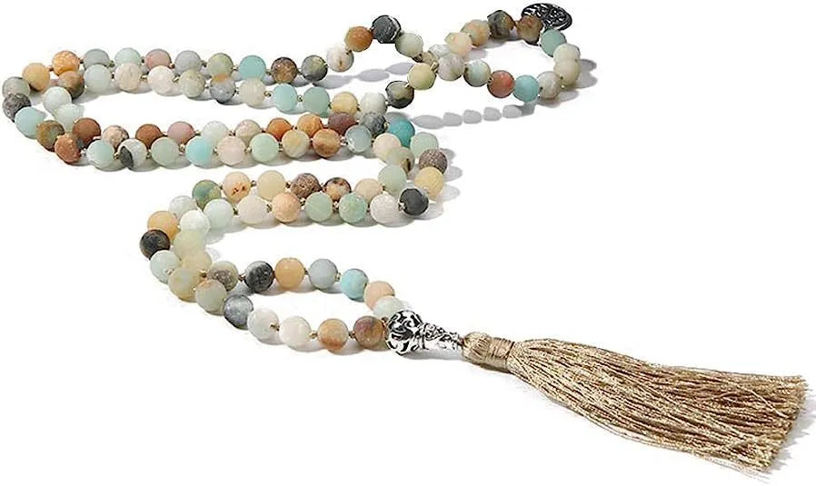 Handmade knotted beaded necklace with 108 natural stone beads in various colours.