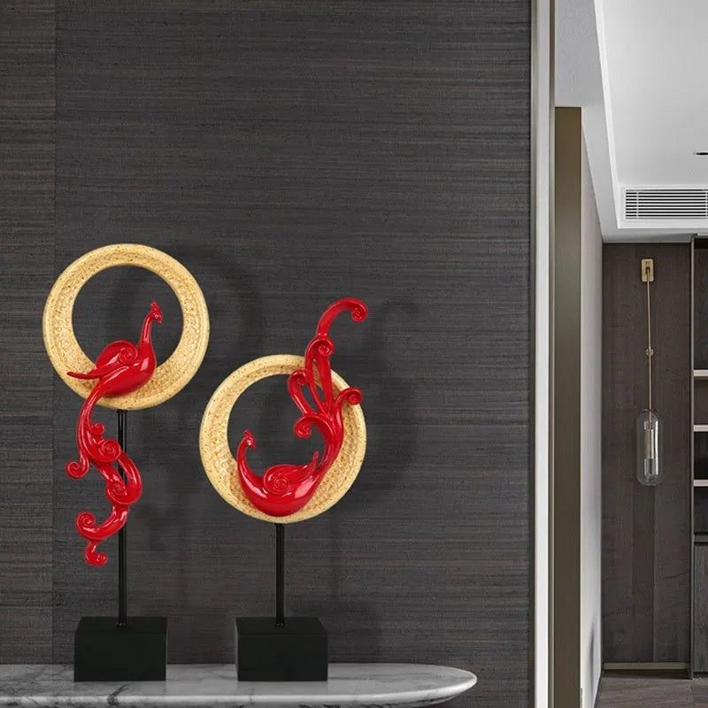 European-style phoenix ornament craft in synthetic resin with intricate detailing, available in festive red, rose gold, or elegant silver finishes