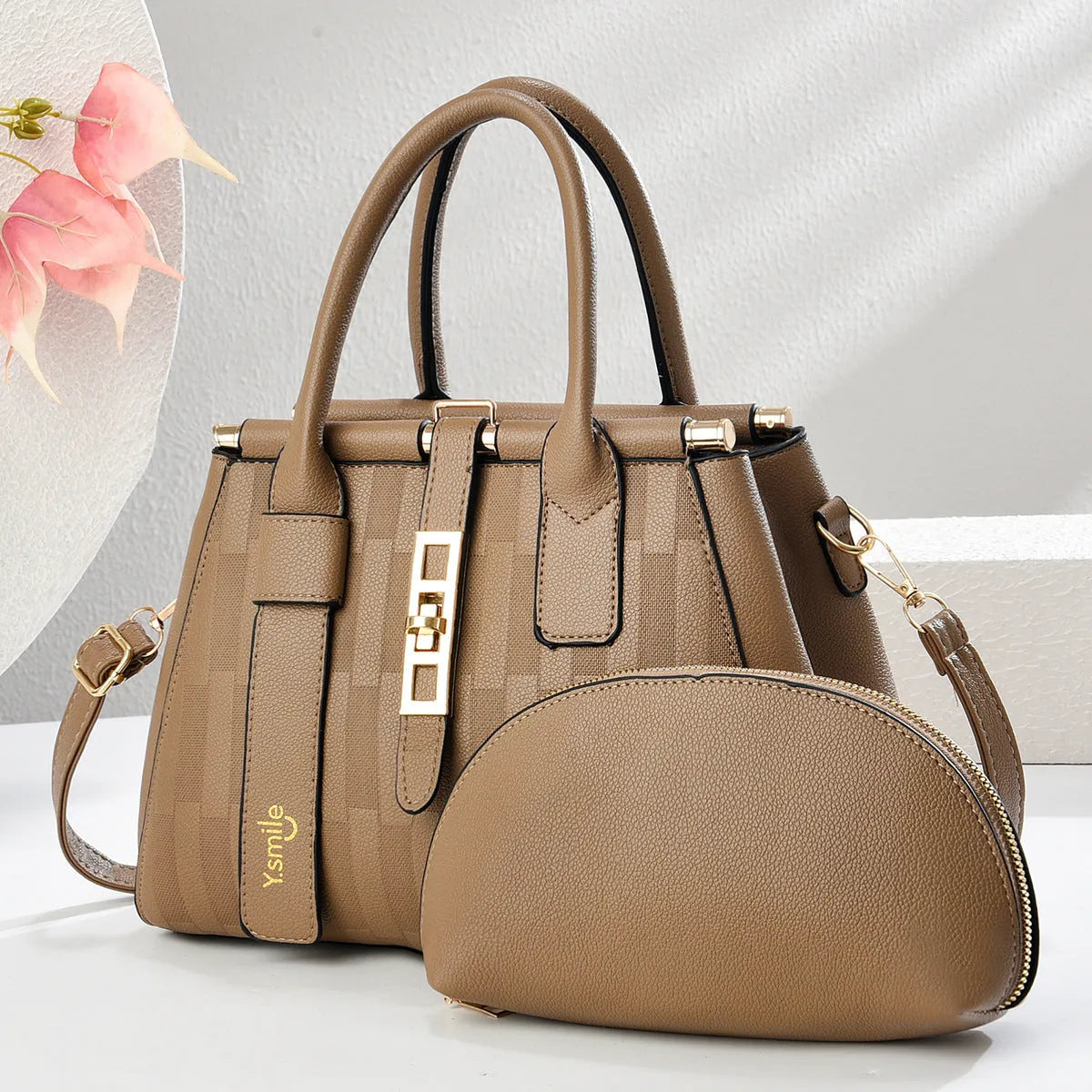 Round black PU leather crossbody handbag with adjustable shoulder strap showing interior and dimensions