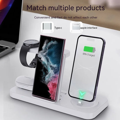 B-21 three-in-one wireless charging station for mobile phone, headset, and smartwatch on a desk.