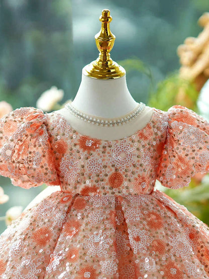 Orange children's princess dress with puffy grenadine sleeves, full-length design for dress-up play
