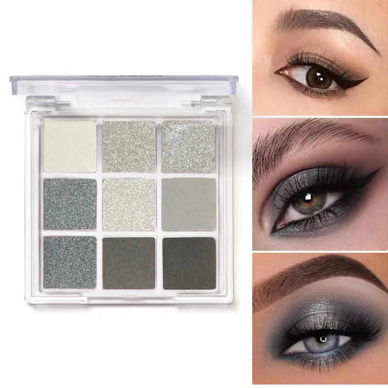 Nine-colour eye shadow palette in smokey shades, featuring a mix of matte and shimmer finishes with white, silver, black, and iron grey tones, suitable for versatile eye looks and universal skin types, INS style design.