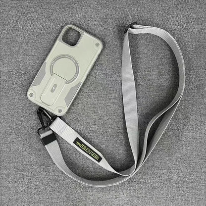 Magnetic invisible bracket phone case for iPhone 15 and 16 in Titan Gray with frosted finish and soft edge hard bottom.