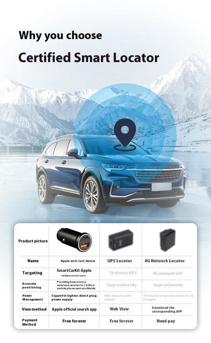 Black car charger locator GPS device with plug for 12V socket, made of ABS plastic