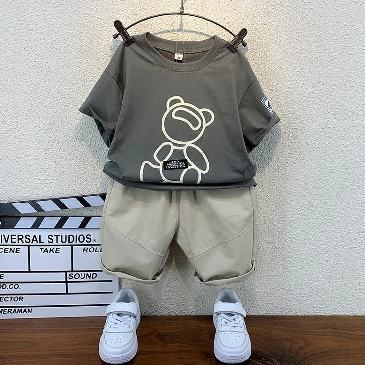 Children's khaki cotton two-piece set with bear print, short sleeves and shorts, Korean-style summer clothing