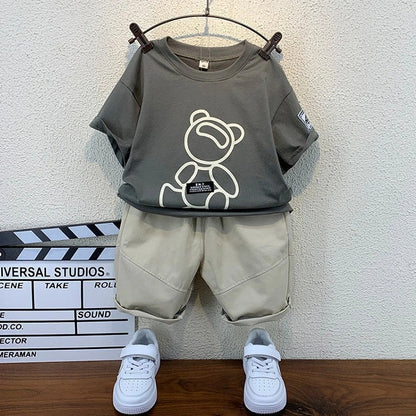 Children's khaki cotton two-piece set with bear print, short sleeves and shorts, Korean-style summer clothing