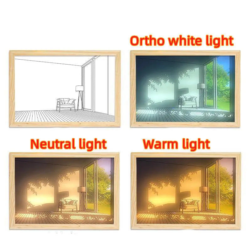LED illuminated decorative picture light on a table showing a scenic landscape image glowing from within.