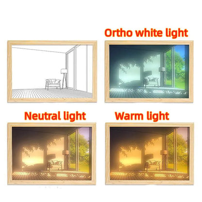 LED illuminated decorative picture light on a table showing a scenic landscape image glowing from within.