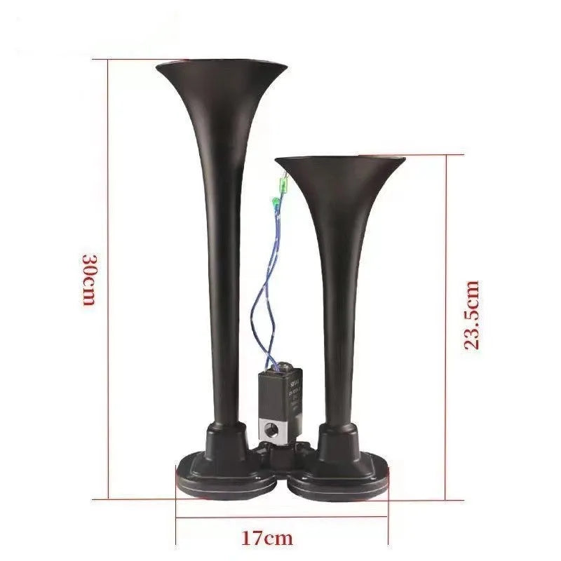 Black dual trumpet air horn with compressor for 12V and 24V vehicle systems