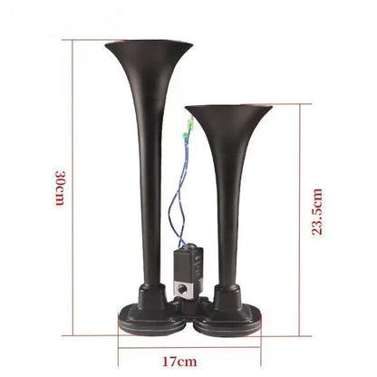 Black dual trumpet air horn with compressor for 12V and 24V vehicle systems