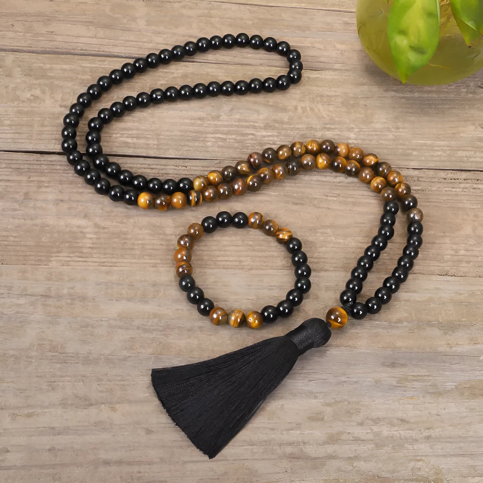 Handmade tiger eye stone necklace with ball bead chain and tassel pendant, adjustable length over 81cm