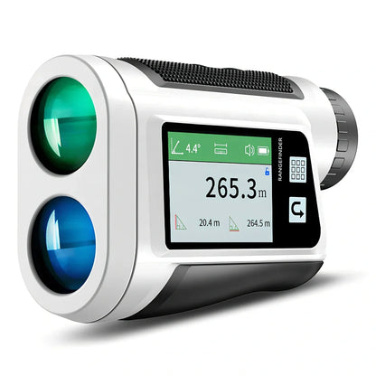Black golf laser rangefinder with touch screen display showing distance measurement
