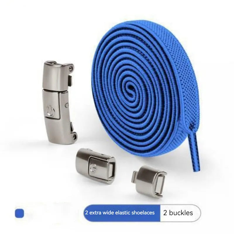 A pair of black widened flat elastic shoelaces with a silver press lock buckle on a white background.