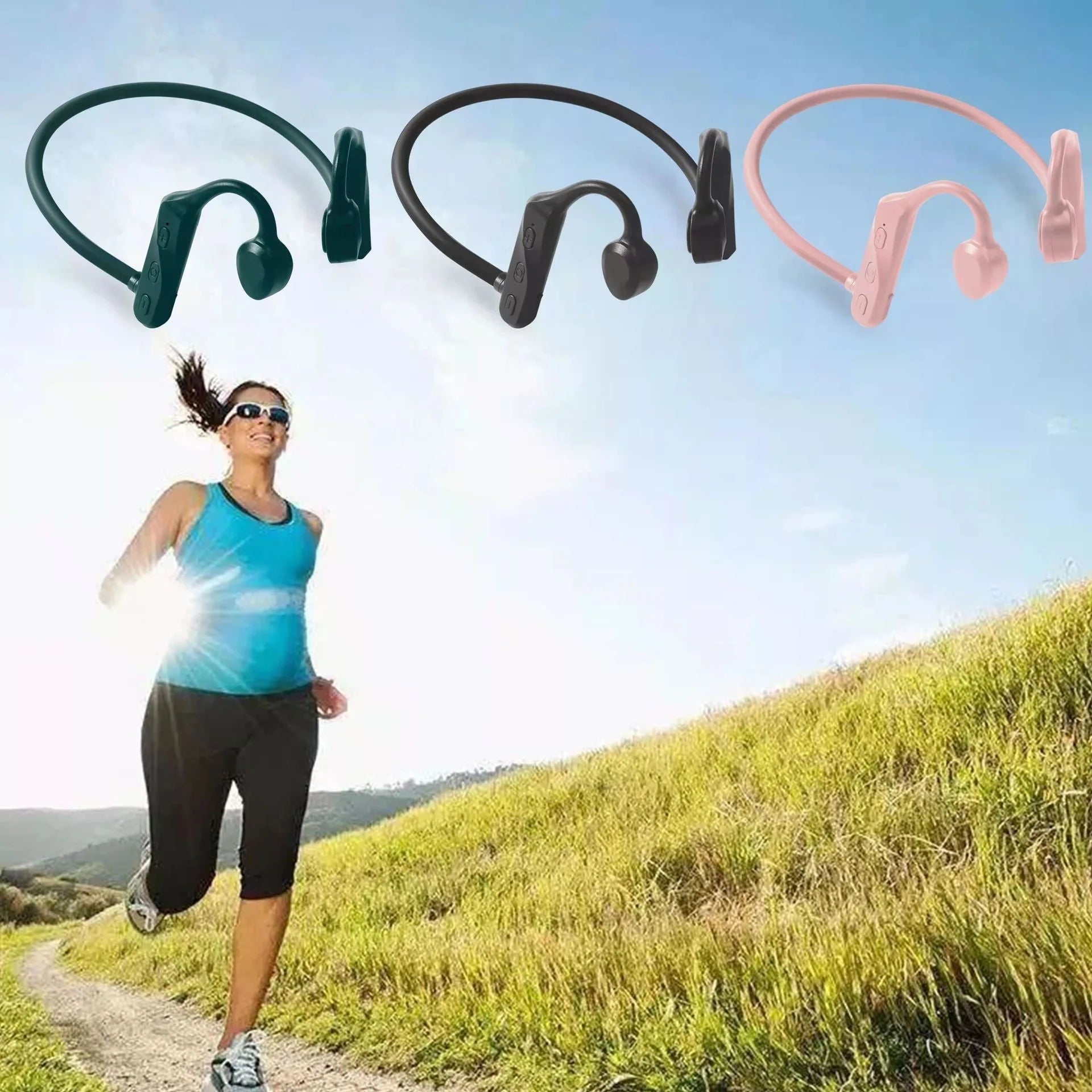 Wireless sports headphones in pink, black, and green with neck-hanging design
