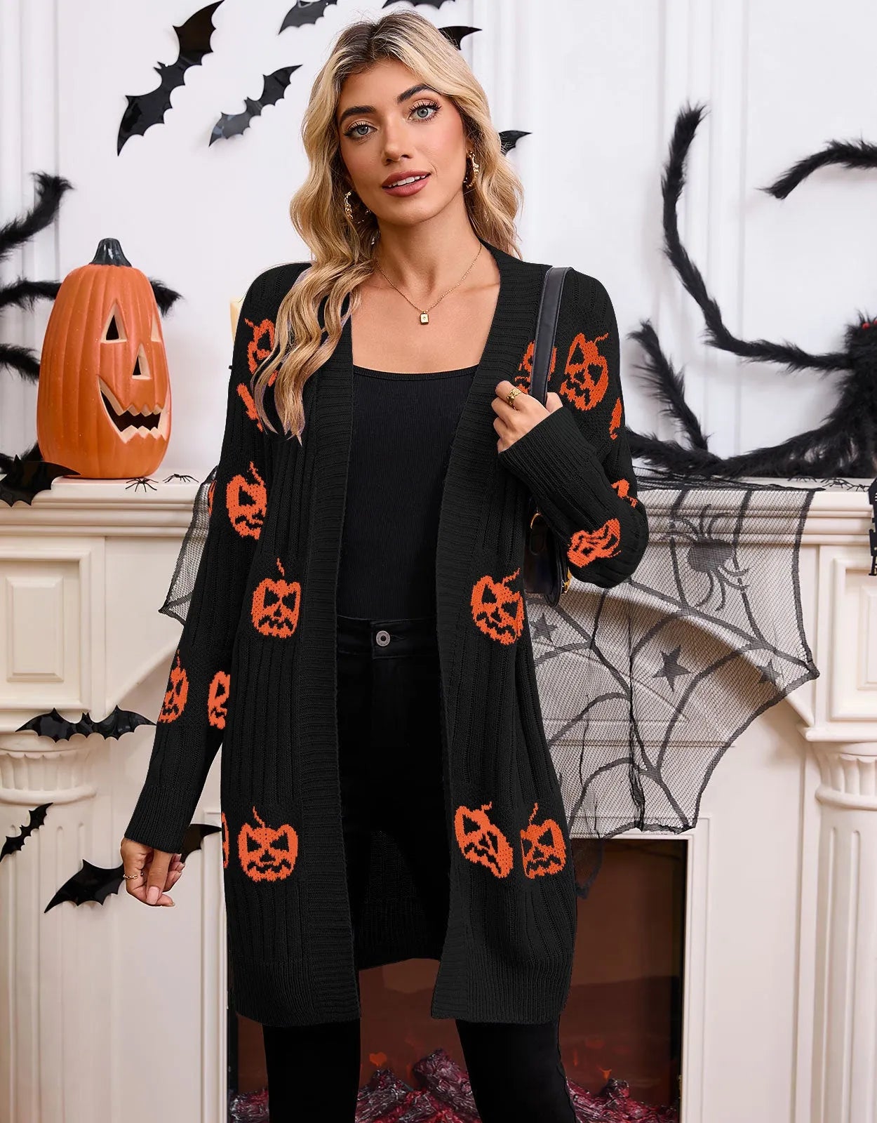 Women's black pumpkin head jacquard knitted cardigan with regular sleeves and straight cut