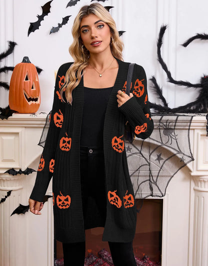Women's black pumpkin head jacquard knitted cardigan with regular sleeves and straight cut