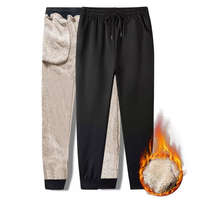 Men and women's black fleece drawstring pants for autumn and winter wear