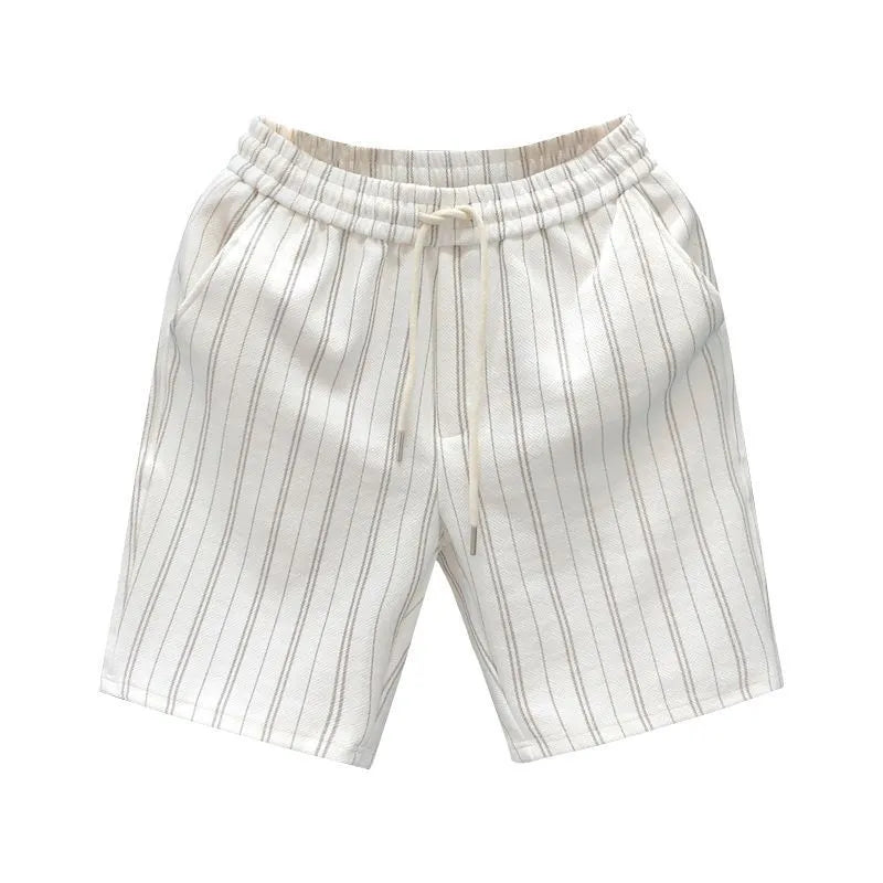 Men's black and white striped casual shorts with fleece lining, straight-leg cut, and ankle banding, shown in size M with waist 51cm
