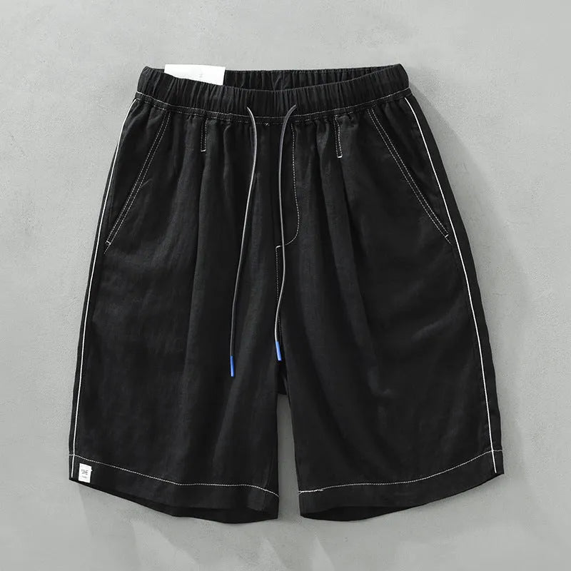 Men's solid colour linen shorts in loose straight drooping style on hanger