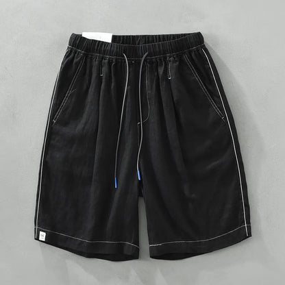 Men's solid colour linen shorts in loose straight drooping style on hanger