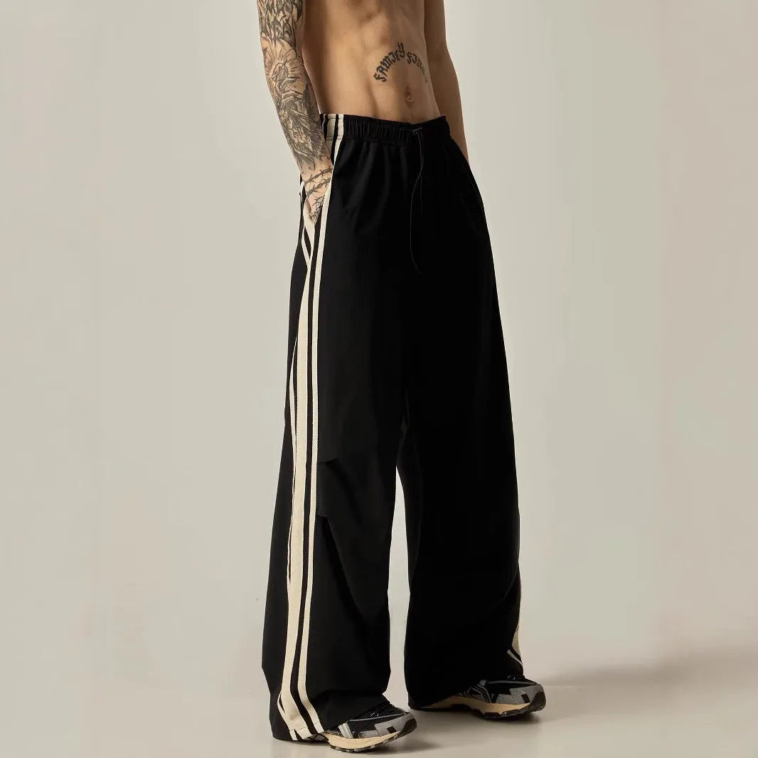 Black wide leg climbing pants for men with high waist and straight-leg design, sizes M to 3XL