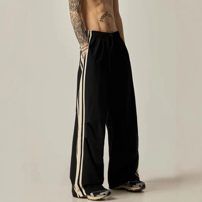 Black wide leg climbing pants for men with high waist and straight-leg design, sizes M to 3XL